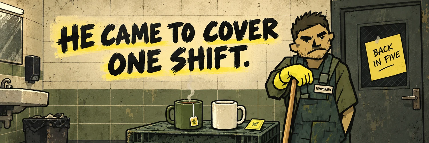 He came to cover one shift. Merv waits beside two mugs and a Back in Five note.